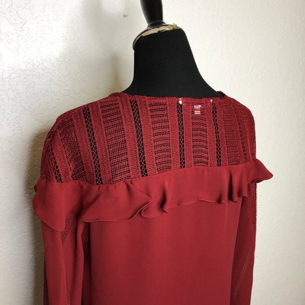 Rebecca Minkoff dark red lace ruffle trim tie sleeve top size Large feminine - Picture 13 of 16